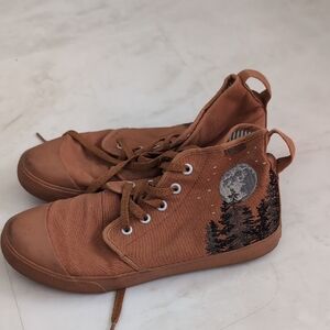 Brown High-Top Sneakers with Moon and Trees Design